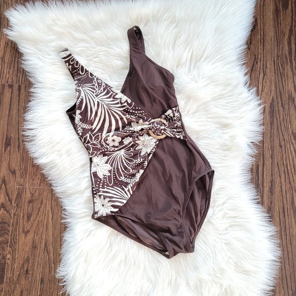 It Figures Twist Front One Piece Retro Swimsuit Brown Floral V-Neckline Womens - Picture 1 of 12